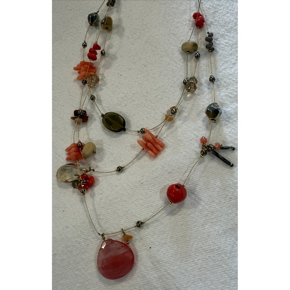 Layered Beaded‎ Necklace Multi Strand Coral Red Stone Chip Statement Jewelry